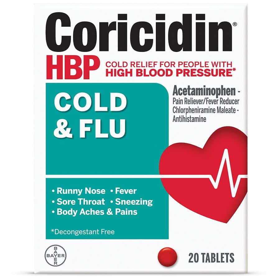 Coricidin HBP Cold &  Flu for People with High Blood Pressure, Tablets ...