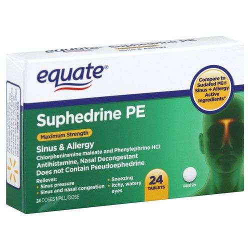 Equate Suphedrine PE Sinus &  Allergy, Maximum Strength, Tablets